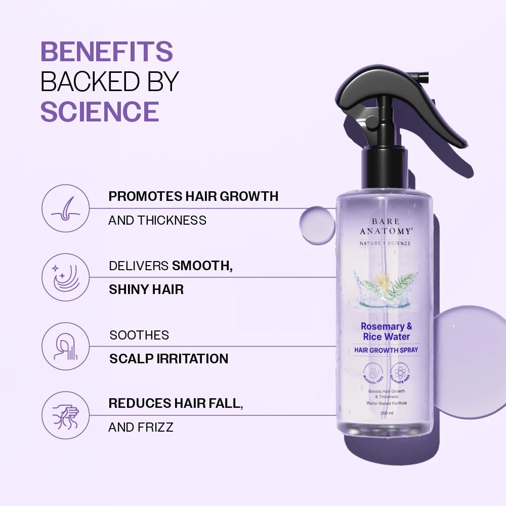 Nature x Science Rosemary Water Spray for Hair Growth & Hair Thickness with Rice Water | 100% Natural Extract | Soft & Smooth Hair | Controls Hairfall & Adds Shine | Non-Greasy & Fast Absorbing | 200 ml