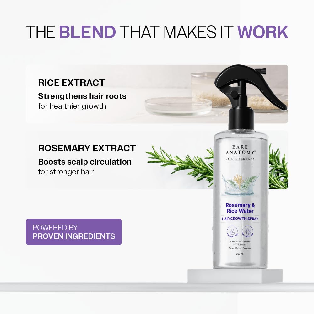Nature x Science Rosemary Water Spray for Hair Growth & Hair Thickness with Rice Water | 100% Natural Extract | Soft & Smooth Hair | Controls Hairfall & Adds Shine | Non-Greasy & Fast Absorbing | 200 ml